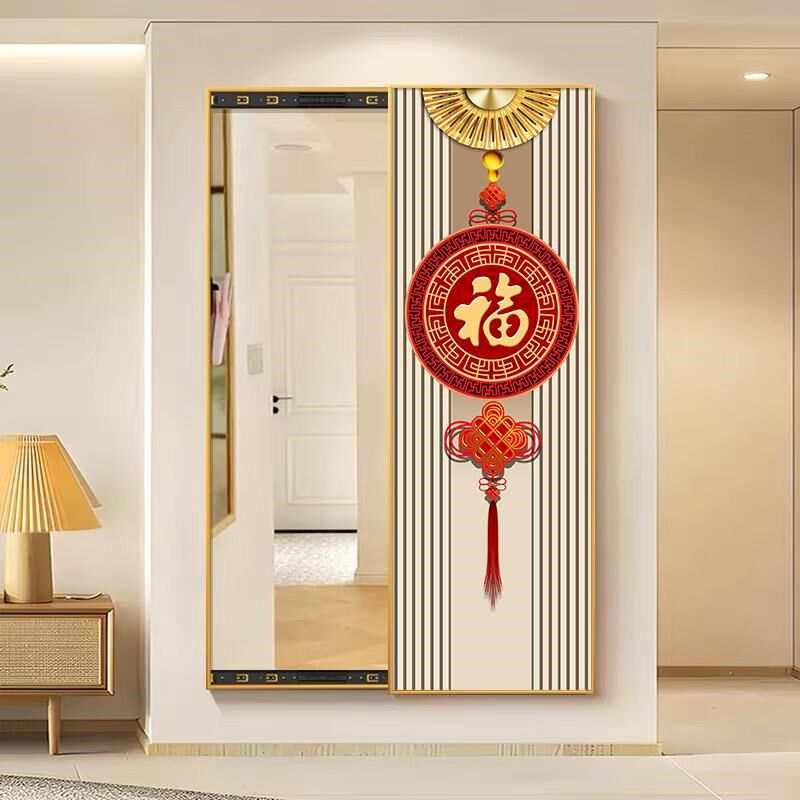 福中国结新中式全身镜挂画全身镜客厅玄关画全身镜壁画推拉镜子画