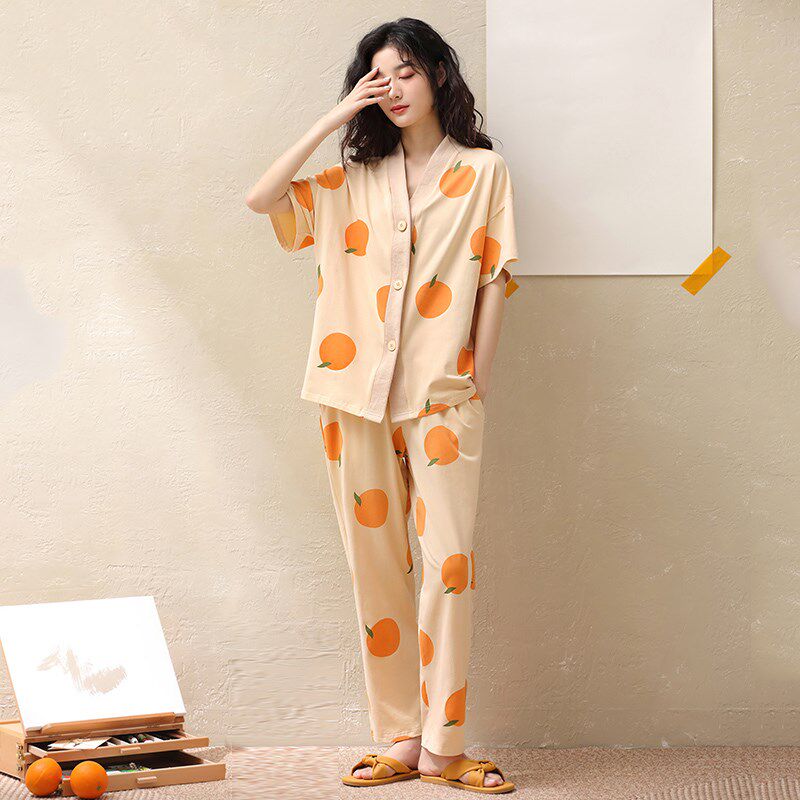 女士睡衣春夏季薄款纯棉短袖长裤月子开衫甜美家居服夏天宽松套装