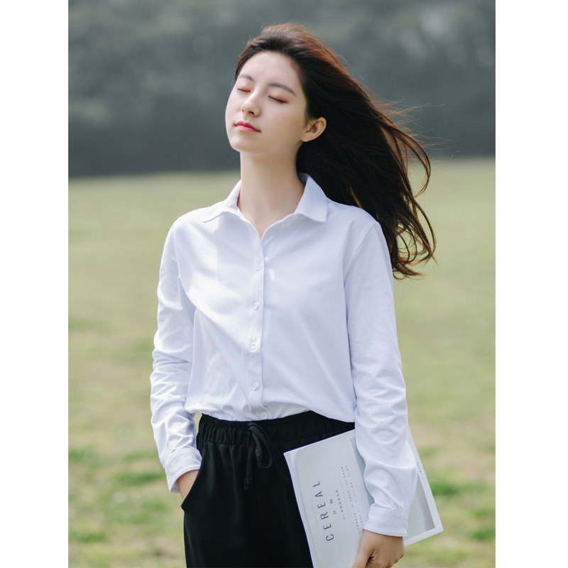 谧斯针织弹力衬衫女长袖黑色职业装衬衣白色修身打底衫2022年春季