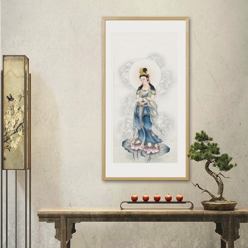 工笔人物国画一叶观音菩萨画像白衣观音洒水观音中式卷轴供奉挂画