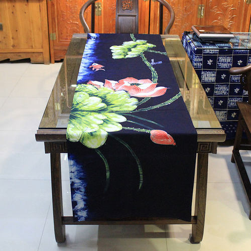 禅意蜡染画桌旗中式复古茶几旗长条形棉布桌子装饰荷花手工茶艺席