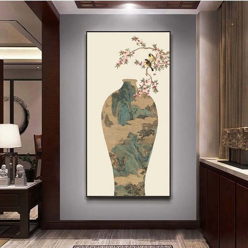 新中式玄关装饰画花鸟山水竖版挂画入户进门走廊茶室背景墙壁画