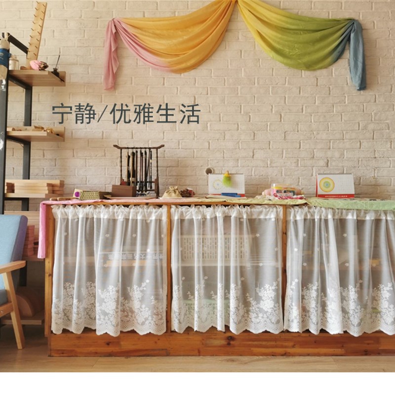 厨房蕾丝短帘美式纱帘半帘窗帘飘窗日式卧室书房免打孔式遮挡短款