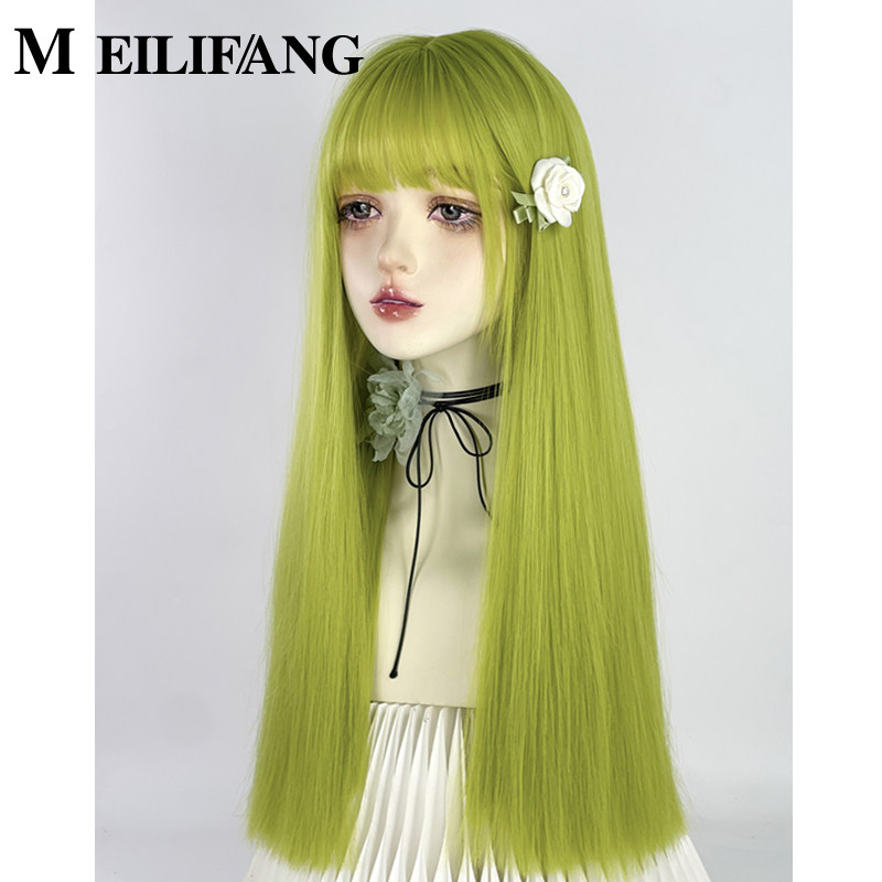 绿色假发一刀切长直发jk女全头套y2k荧光绿蜥蜴绿cos亚文化lolita