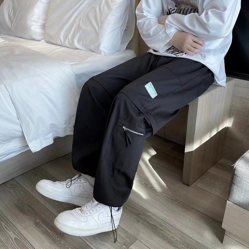 春秋季男士两穿裤子加肥加大码膝盖拉链可拆卸工装长裤变半截短裤