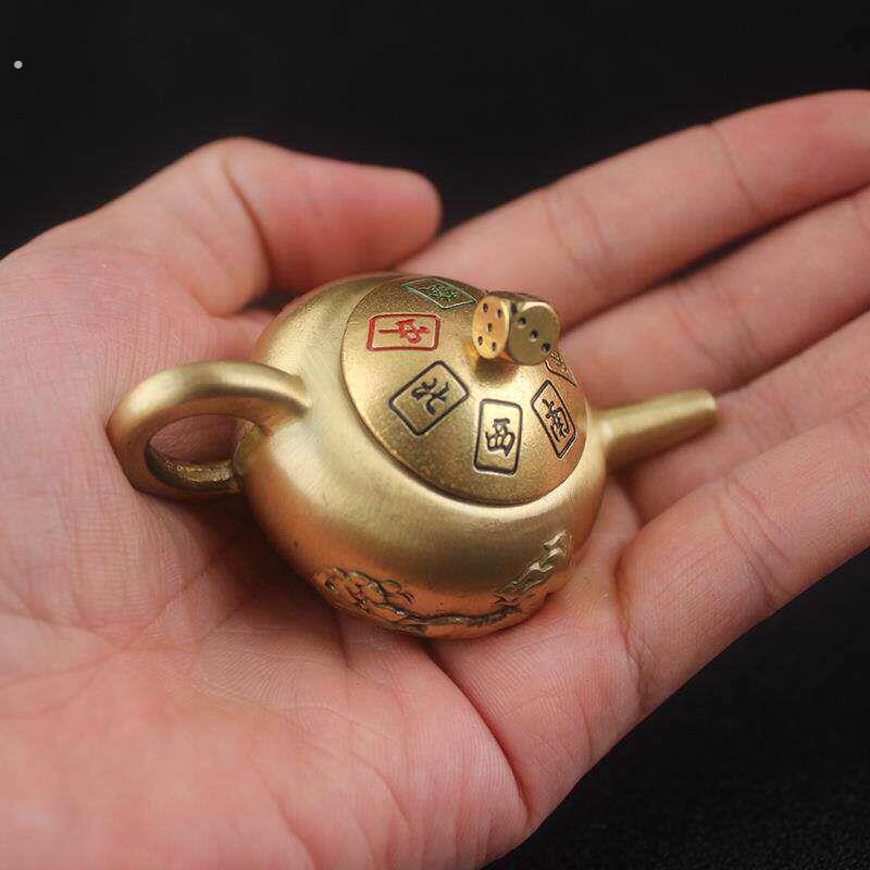 全黄铜小茶壶创意模型桌面摆件中式迷你茶壶手把件书房复古小玩意