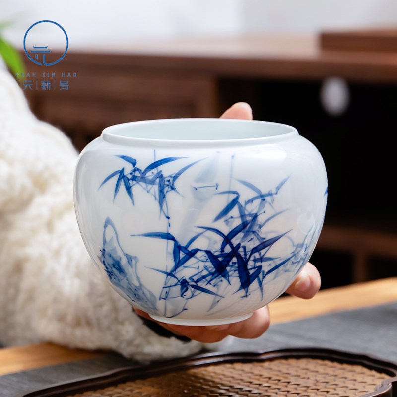 元薪号陶瓷水洗大号景德镇青花竹报平安水盂茶道配件建水茶渣缸
