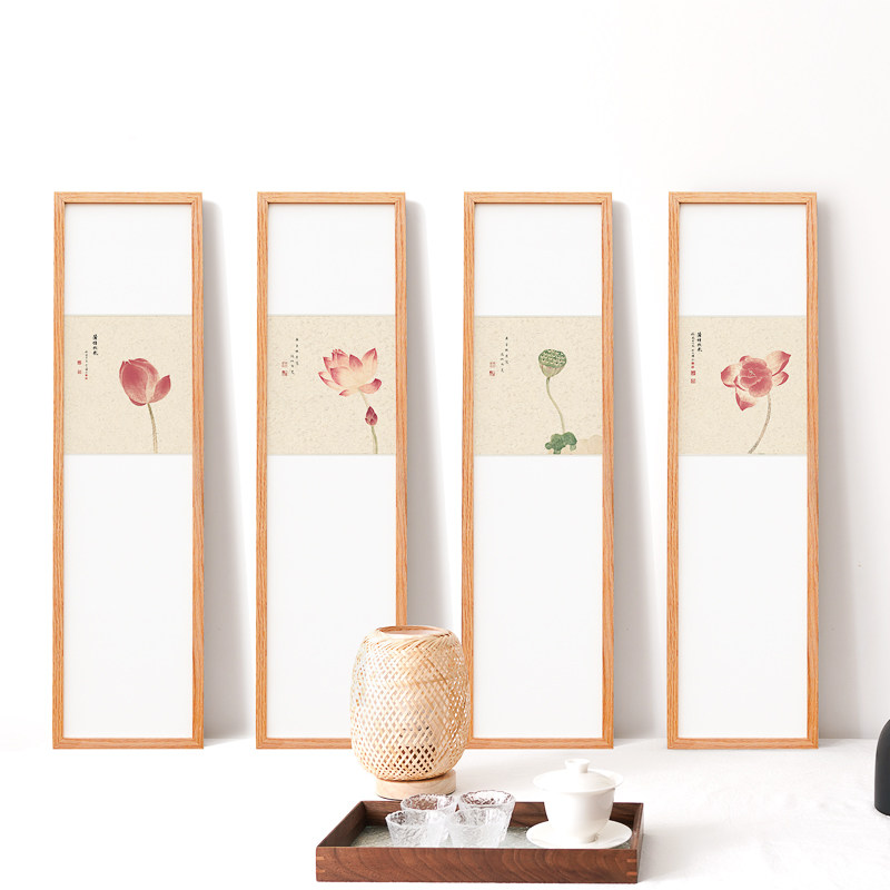荷花装饰画莲蓬竖版玄关禅意瑜伽馆茶室清新淡雅简约书房四联挂画