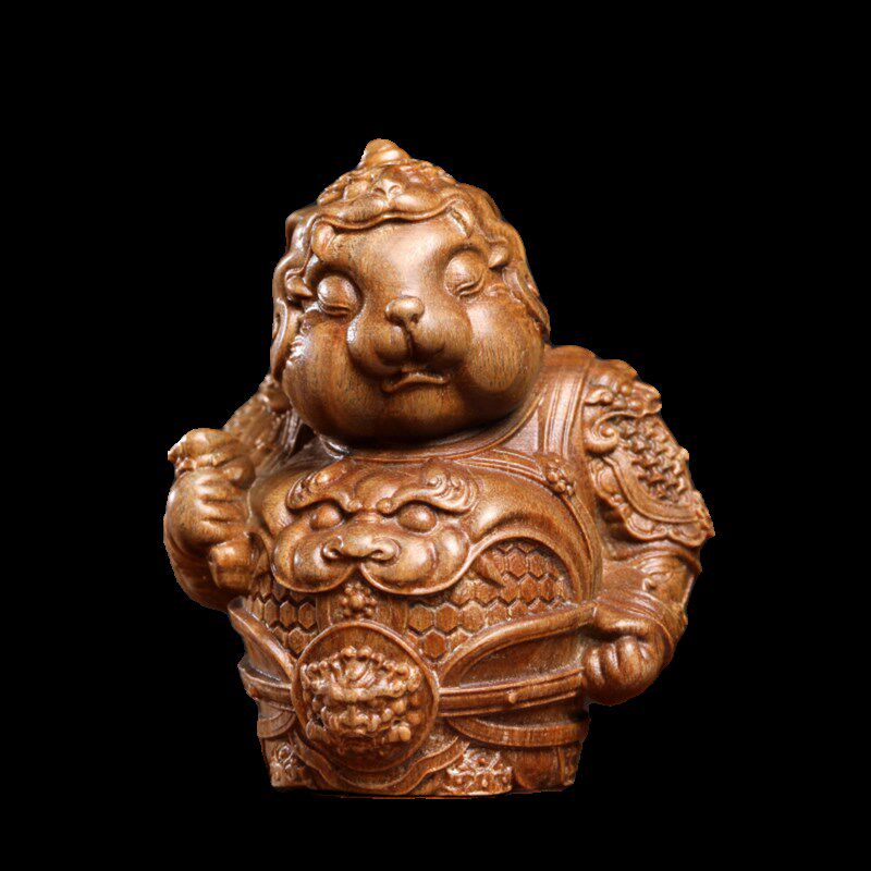 天然绿檀木兔将军创意生肖卯兔文玩手把件家居装饰品桌面止怒摆件