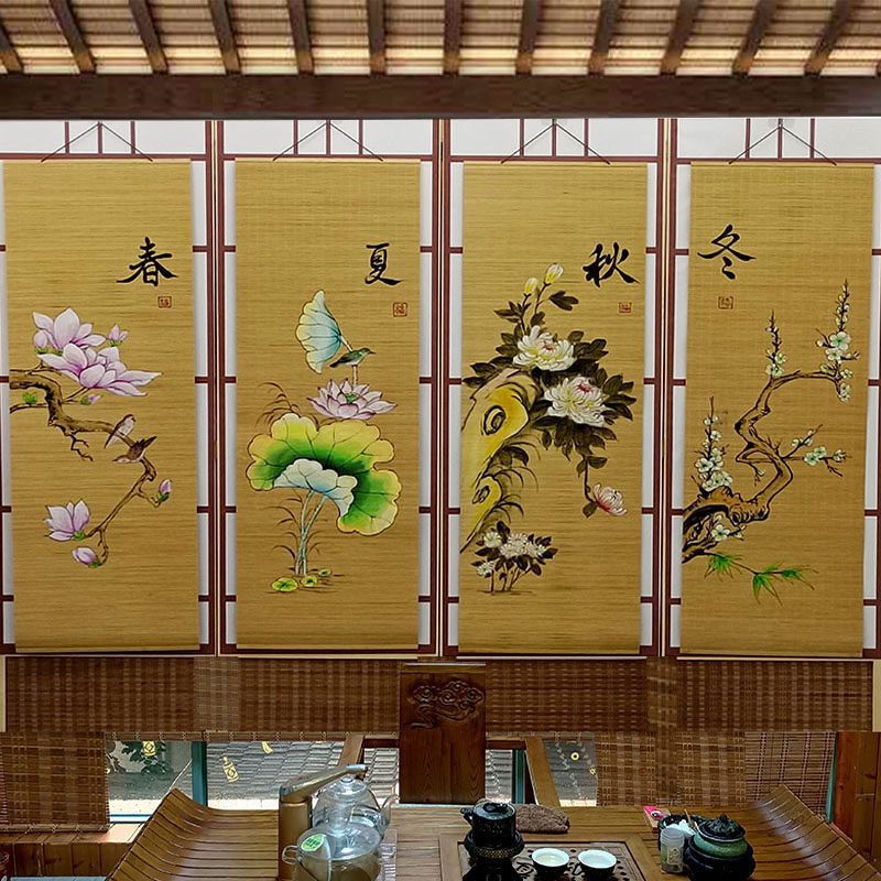 春夏秋冬梅兰竹菊手绘竹帘挂画中式饭店民宿养生馆墙面装饰画挂件