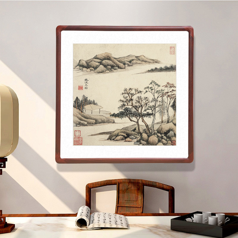 董其昌字画斗方形山水国画新中式客厅玄关带框壁画办公室风景挂画