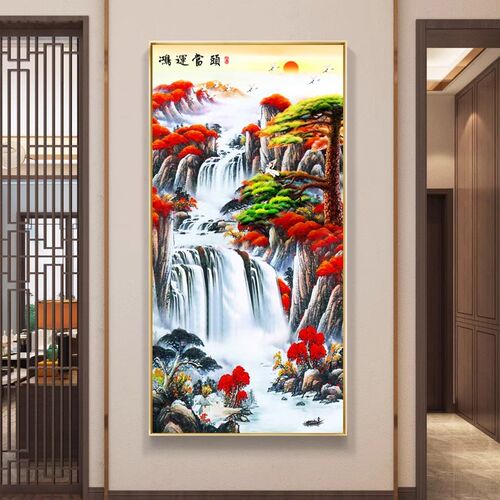 鸿运当头玄关装饰画新中式入户进门招财山水壁画客厅走廊过道挂画
