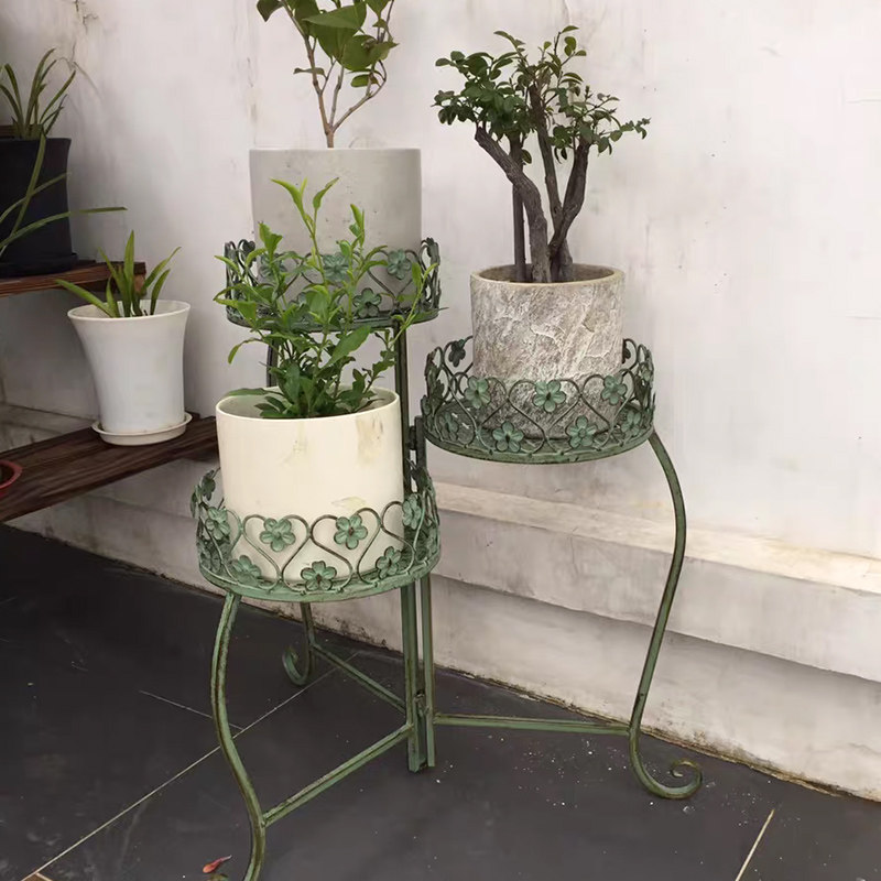复古铁艺做旧花架庭院阳台可折叠落地式花盆架多层置物架旋转花盆