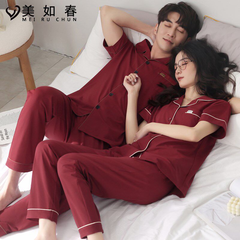 莱卡情侣睡衣春秋季纯棉短袖夏喜庆结婚红色家居服本命年男女套装
