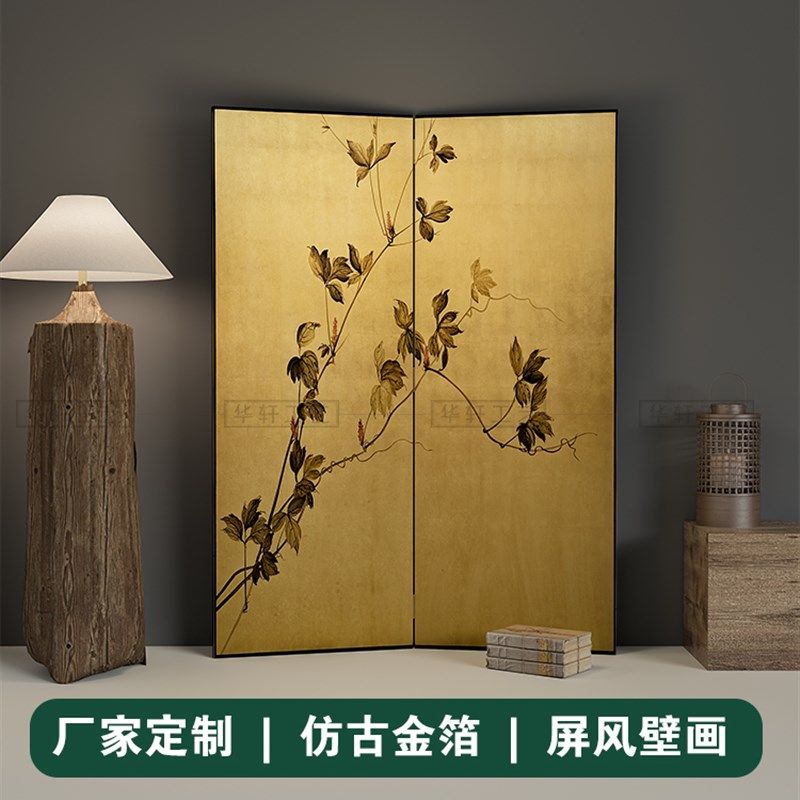 手绘复古金箔漆画屏风茶室玄关折屏中古法式花鸟画移动折叠可定制