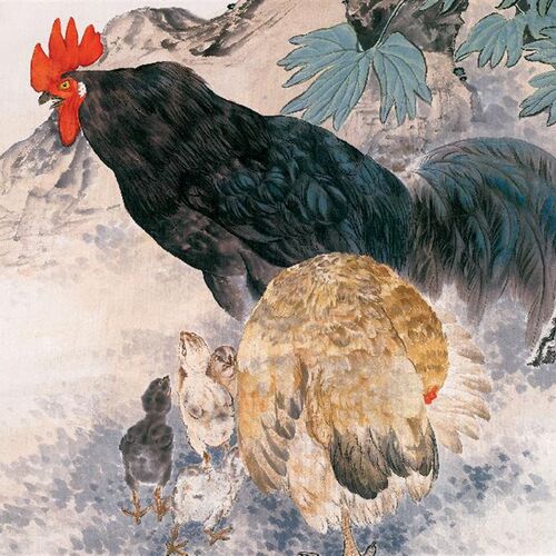 馆藏刘奎龄-鸡鸣富贵图宣纸国画名家字画画芯心高清微喷复制打印