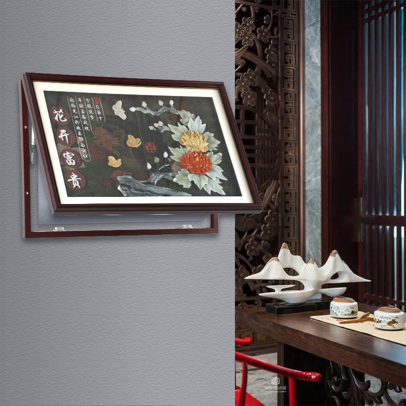 新中式风格入户电表箱装饰画遮挡箱免打孔竖款玉雕3d立体玉石高端