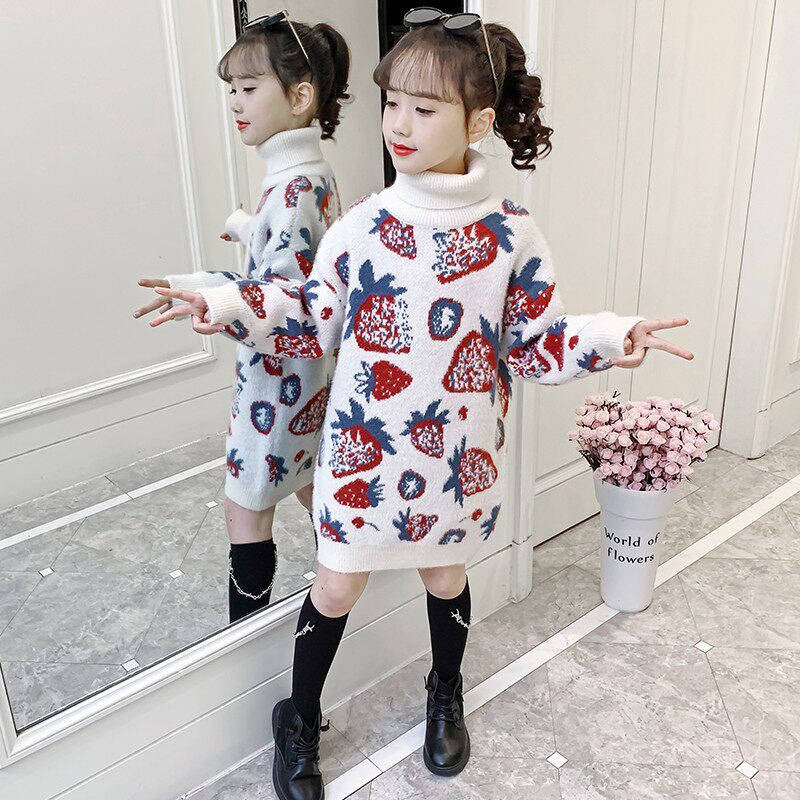 女童毛衣裙2021新款冬季加长款洋气翻领仿貂绒新年装加厚绒毛毛衣
