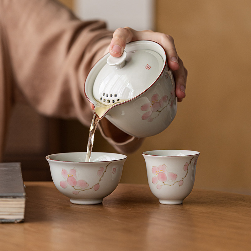 画续草木灰手绘梅花快客杯一壶二杯功夫旅行茶具便携式收纳包旅游