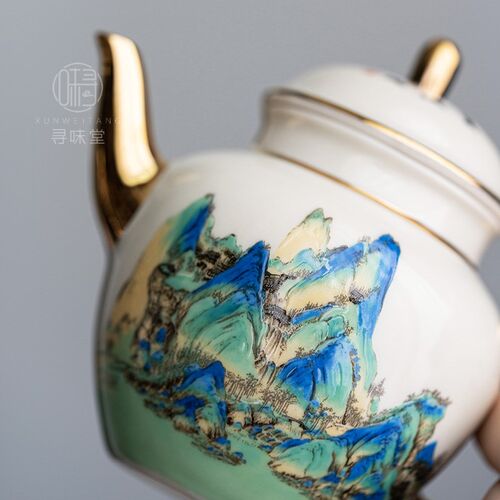 仿古草木灰釉描金茶壶千里江山泡茶壶国风家用陶瓷功夫茶具单壶