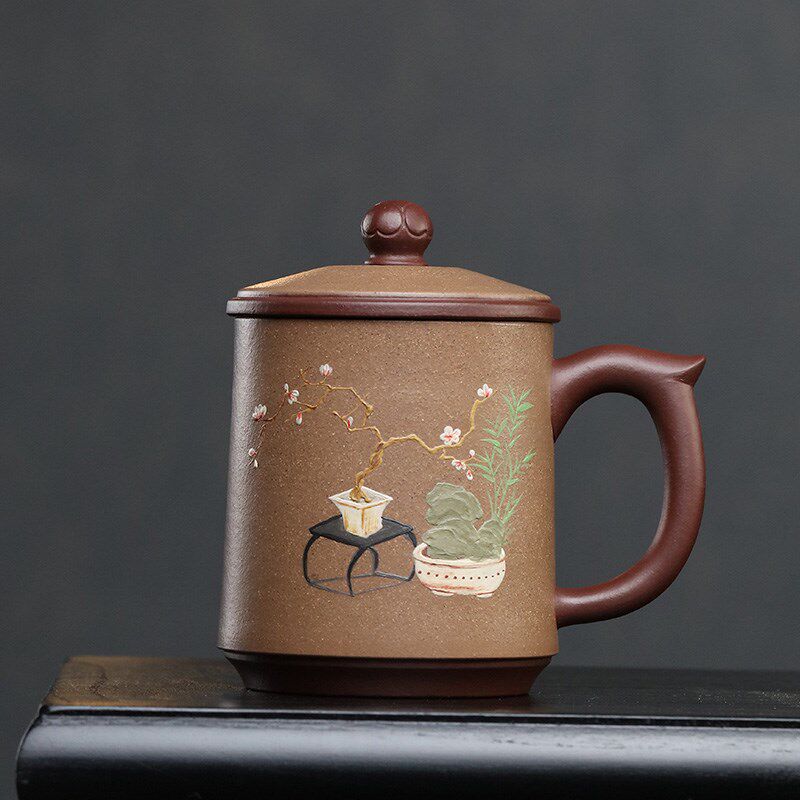 宜兴大容量隔舱紫砂杯粉浆泥绘茶杯月牙过滤茶具单人家用茶水分离