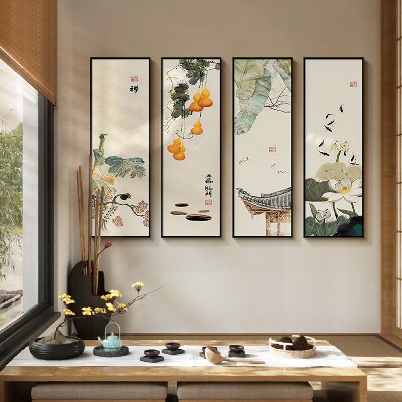 五福临门新中式客厅沙发背景墙装饰画花鸟挂画四联画餐厅饭店壁画