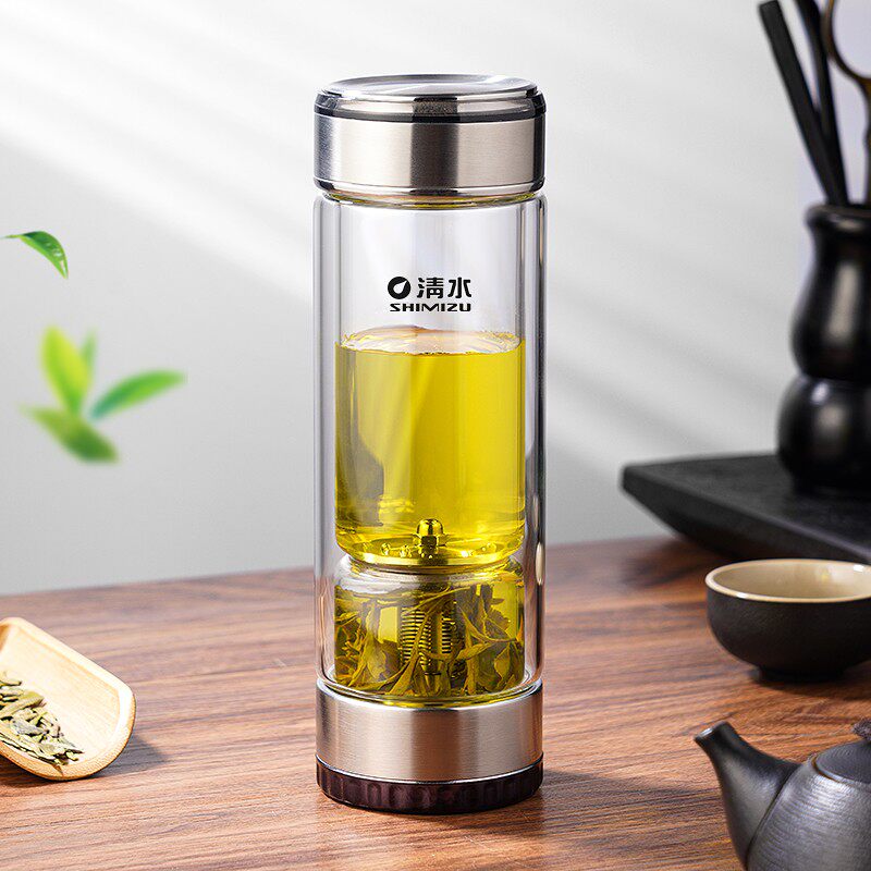 清水玻璃杯功夫泡茶杯子旅行茶杯茶水分离花茶杯便携水杯印字8612