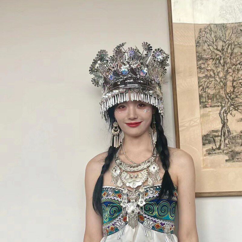 新款苗族头饰头戴阿卯头饰头戴苗银帽子贵州少数民族头饰苗族银饰