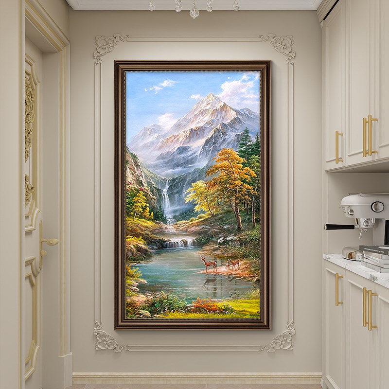 美式玄关装饰画金山聚宝盆手绘油画走廊过道招财风景山水竖版挂画