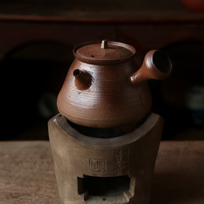 手工烧柴炭炉红泥工夫茶壶 凹凸薄胎红泥陶煮水壶 潮州制