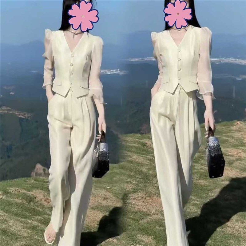 高端大气时髦时尚套装2024年夏季新款V字领喇叭袖修身上衣+阔腿裤