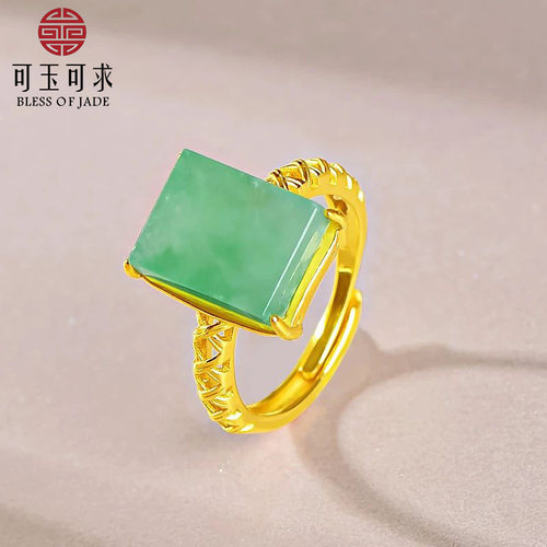 可玉可求 翡翠玉戒指 女款淡绿色银镶嵌蛋面戒指 飘阳绿 Z2015