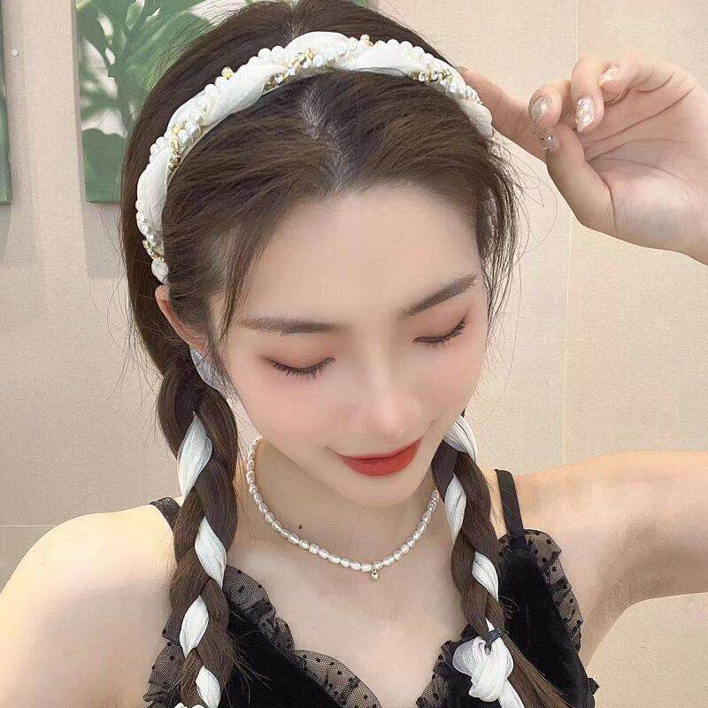 法式珍珠飘带编发发箍夏季少女新款超仙洋气高颅顶女生绑发头箍