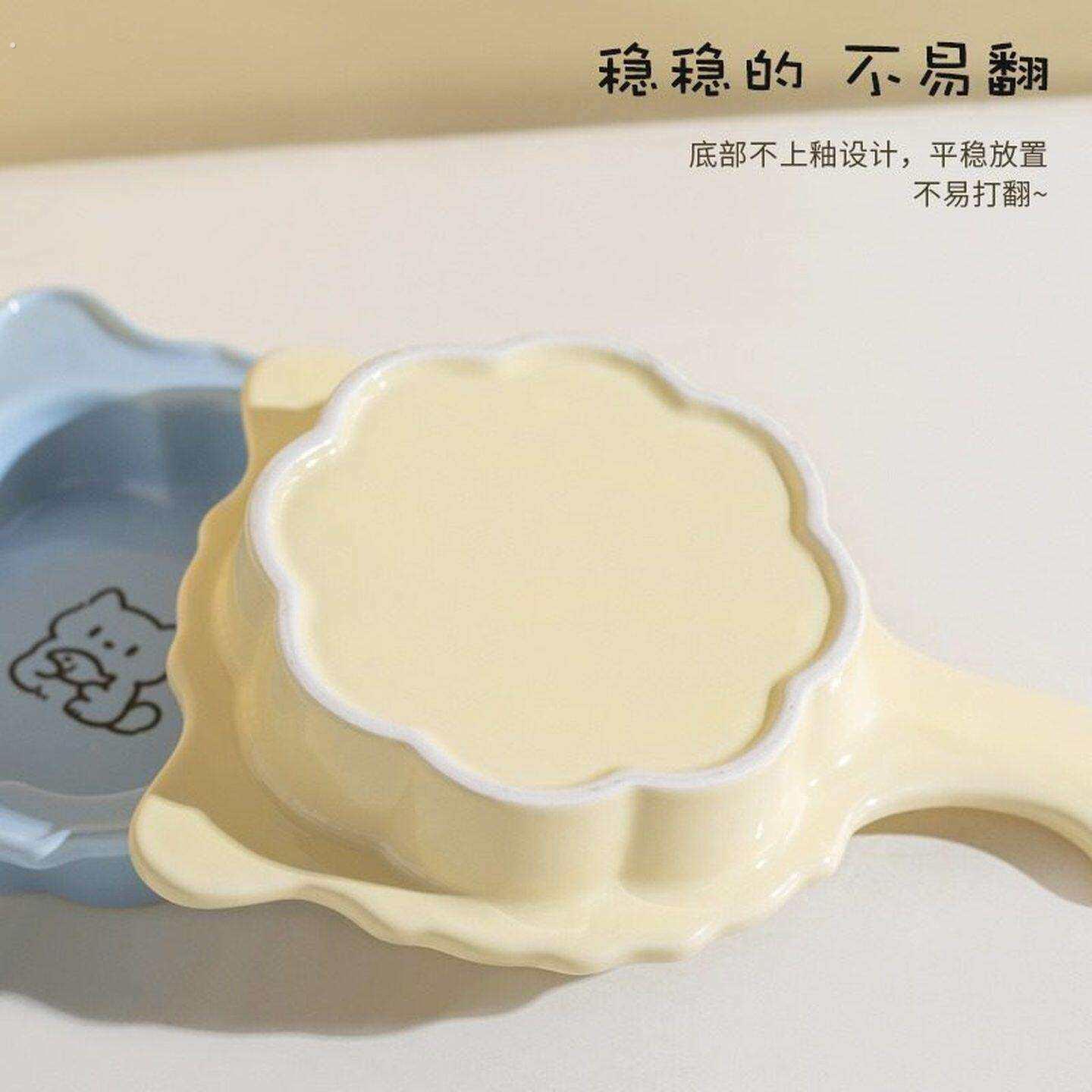 陶瓷猫咪碗可爱猫耳平底锅宠物碗猫狗食盆猫碗饭碗宠物餐盘带把手