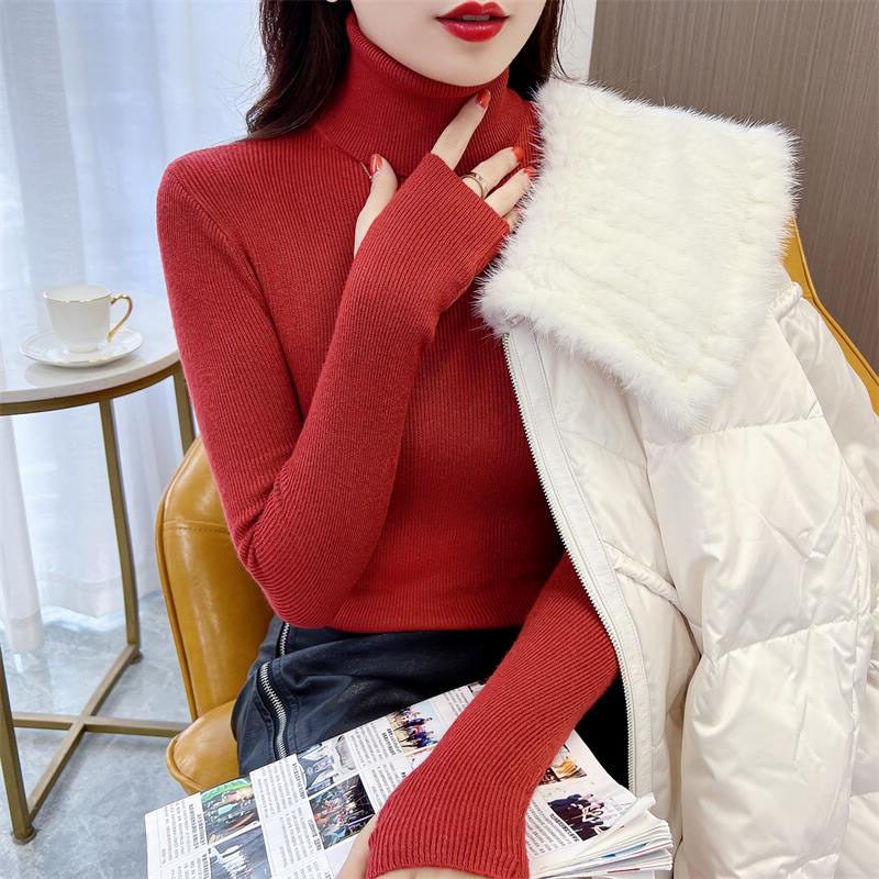 漏手指打底毛衣女带手套针织衫袖子洞上衣高领连带手套线衫打底衫