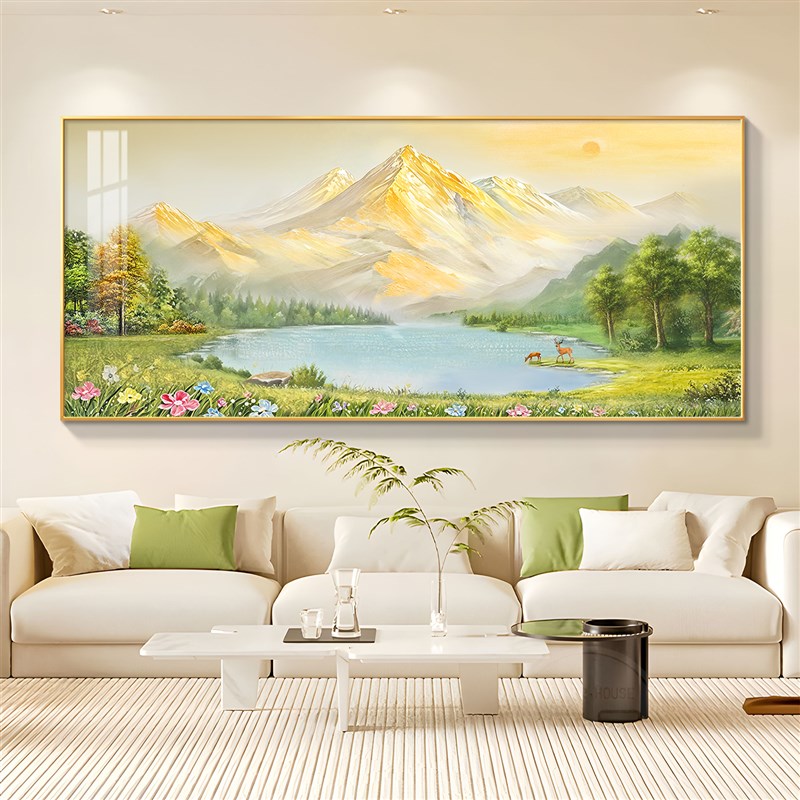 聚宝盆客厅装饰画日照金山手绘油画沙发背景墙挂画轻奢高级感壁画