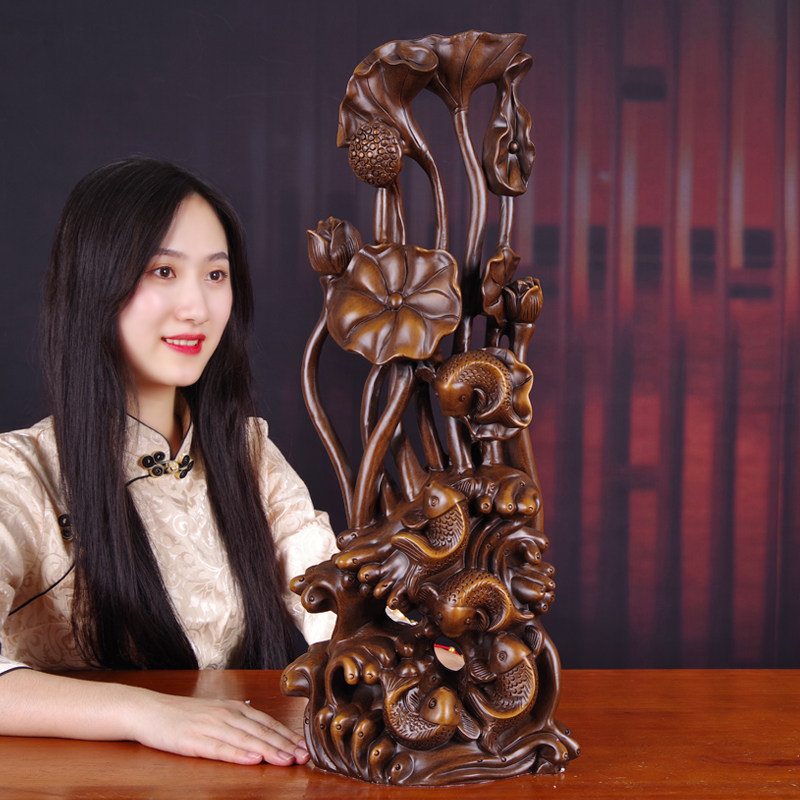 莲花鲤鱼摆件实木雕年年有余乔迁新家居礼品客厅玄关柜新中式装饰