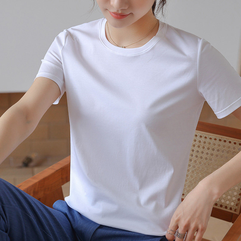 2021春夏季女装新款丝光纯棉修身圆V领纯白色T恤女黑短袖衫体桖