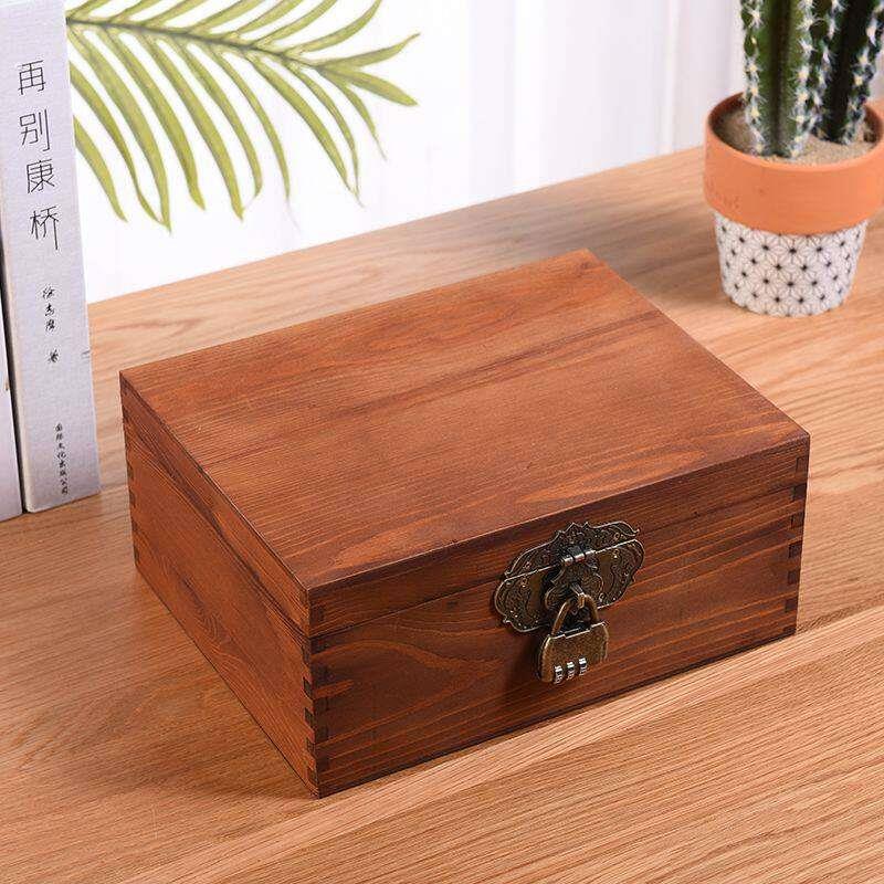 新款收纳盒实木家用带锁储物盒防尘桌面复古文件箱多功能收纳盒