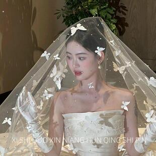超仙白色蝴蝶结珍珠头纱长版拖尾森系主婚纱奢华超长照相馆摄影头