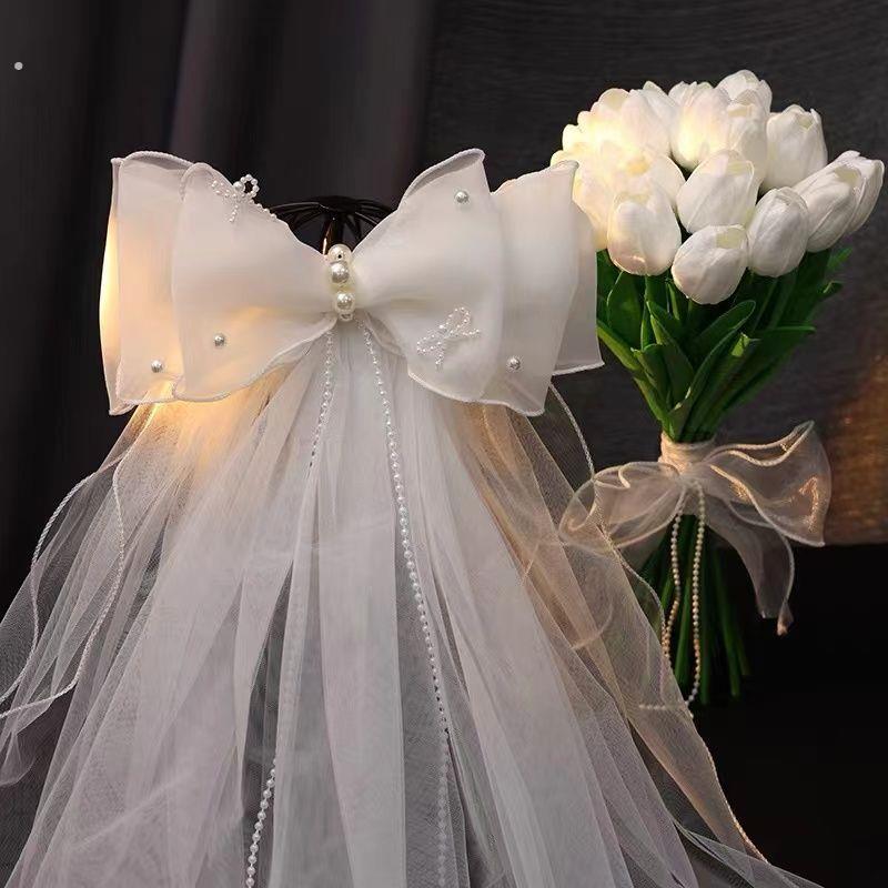 头纱领证拍照道具超仙女生求婚登记新娘主婚纱结婚发饰蝴蝶结法式