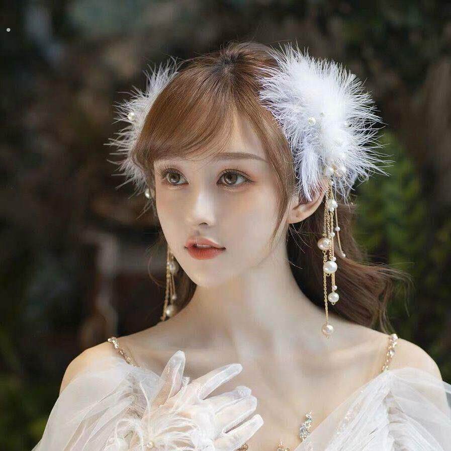 网红超仙毛毛发夹羽毛发卡新娘森系仙女边夹少女古风汉服夹子头饰