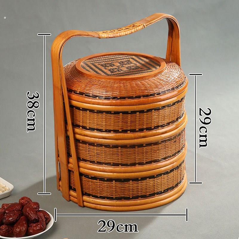 手工竹编提篮复古食盒多层送餐篮果篮收纳筐竹编野餐篮婚庆篮道具