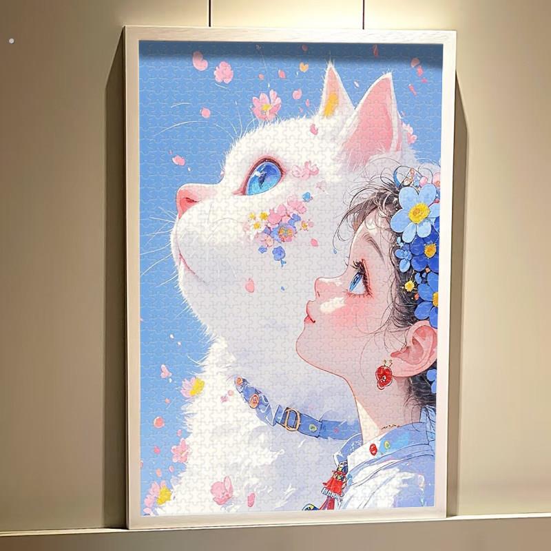 小女孩的猫拼图一千片纸质温暖治愈系插画送男女生日礼物装饰挂画