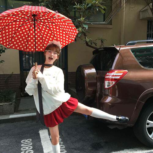 复古红色波点雨伞高颜值氛围感长柄伞加大加厚加固晴雨两用弯柄伞