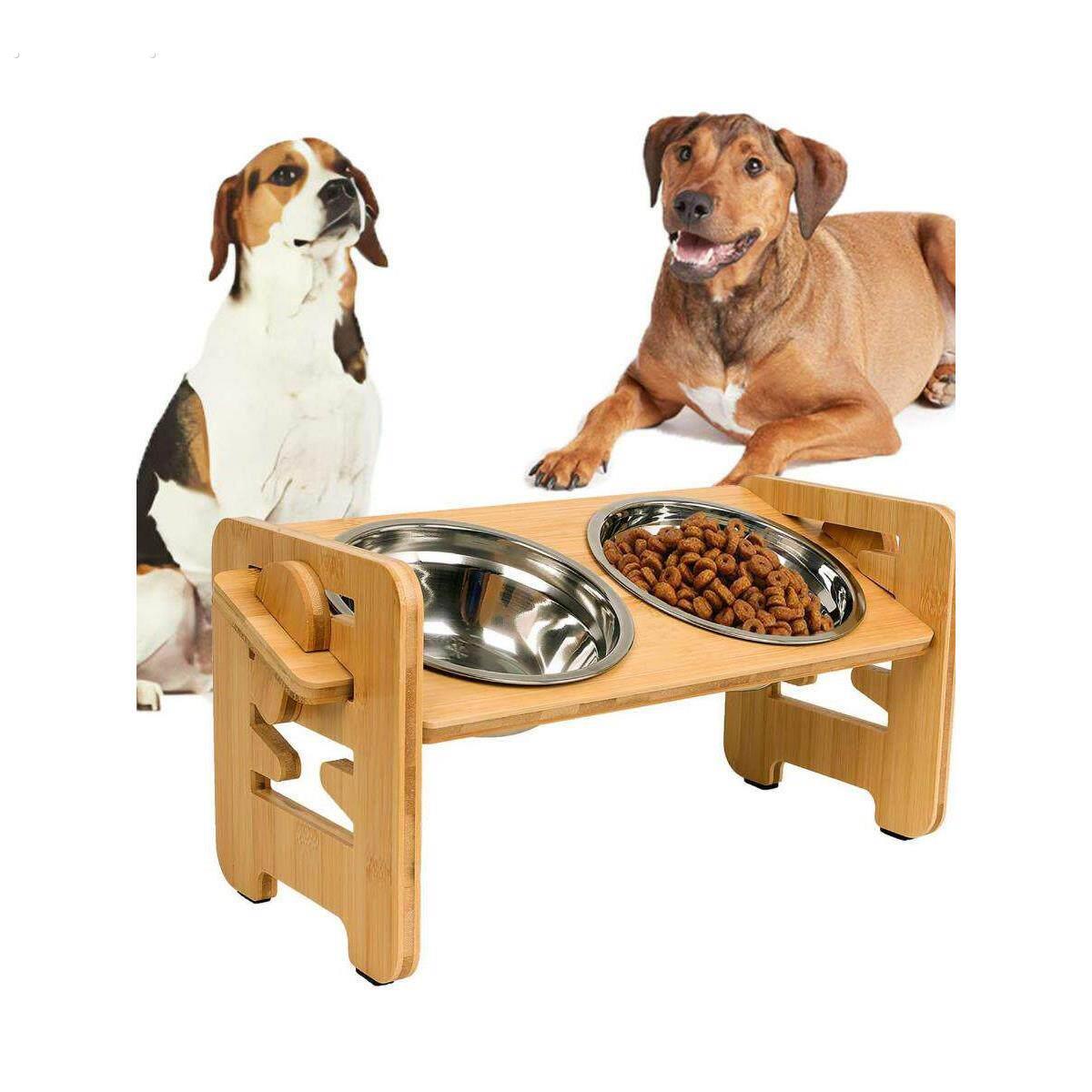 新款竹木猫狗碗架宠物双碗食盆中小型犬可调节木架猫狗护颈喂食器