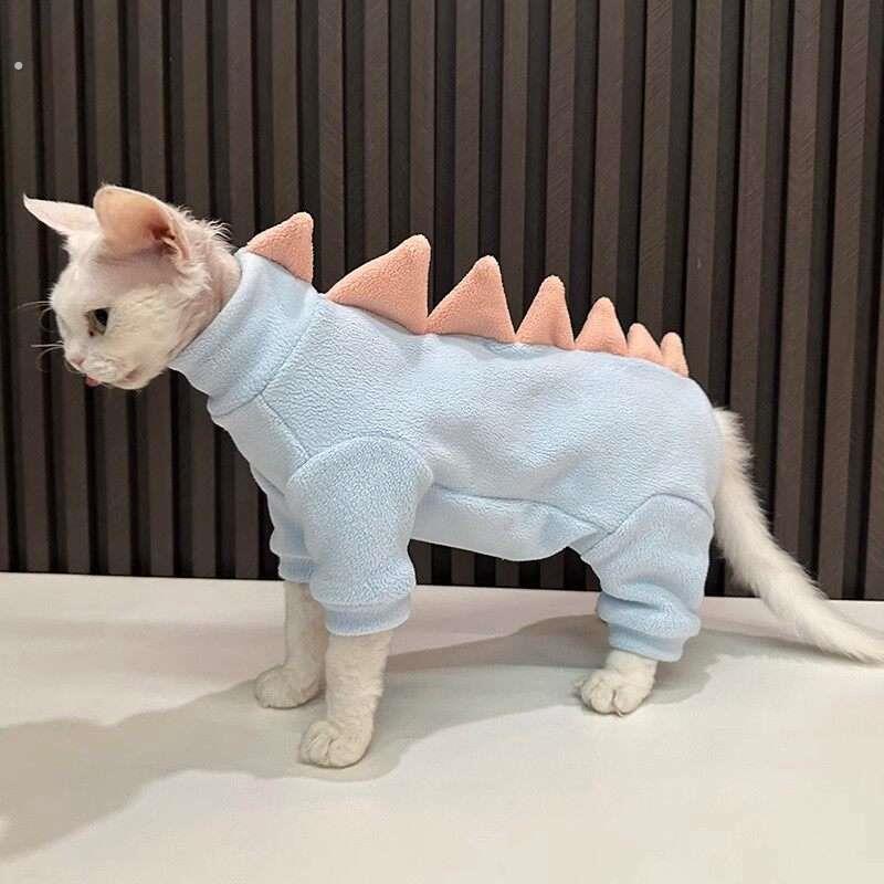 颗粒绒护肚子四脚衣小恐龙任发财无毛猫衣服斯芬克斯猫德文衣服蓝