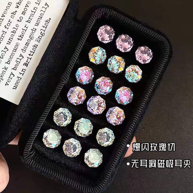 千禧八边玫瑰切耳夹爆闪锆石磁吸耳骨夹幻彩闪钻无耳洞新款耳饰女