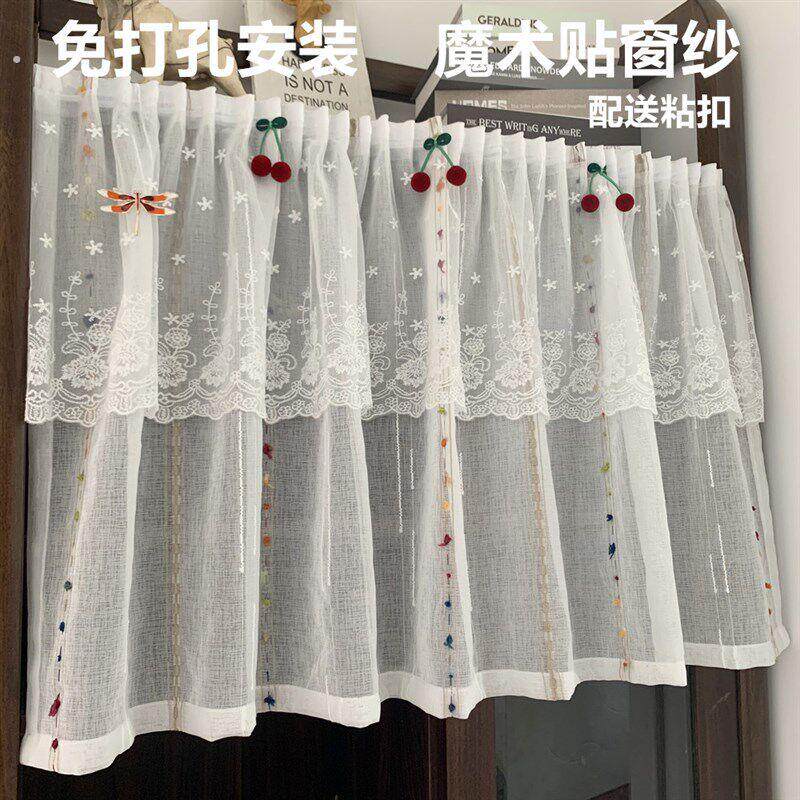 美式田园魔术贴飘窗纱帘免打孔安装帘头幔头自粘贴式短帘半帘门帘