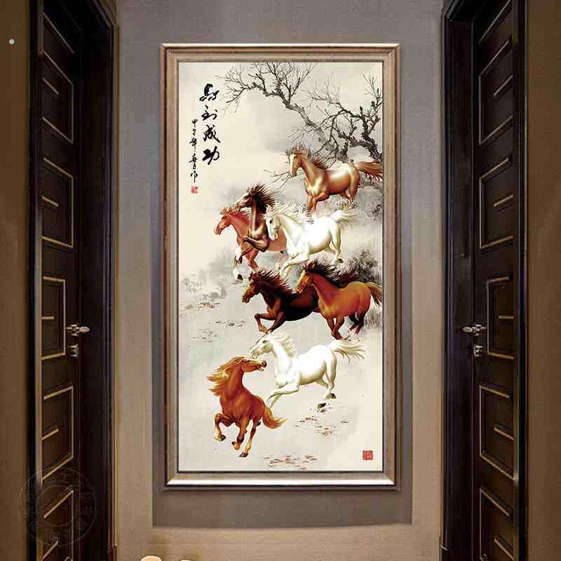 2023新款点钻石画玄关竖版马到成功八骏图满钻粘钻贴钻线绣十字绣